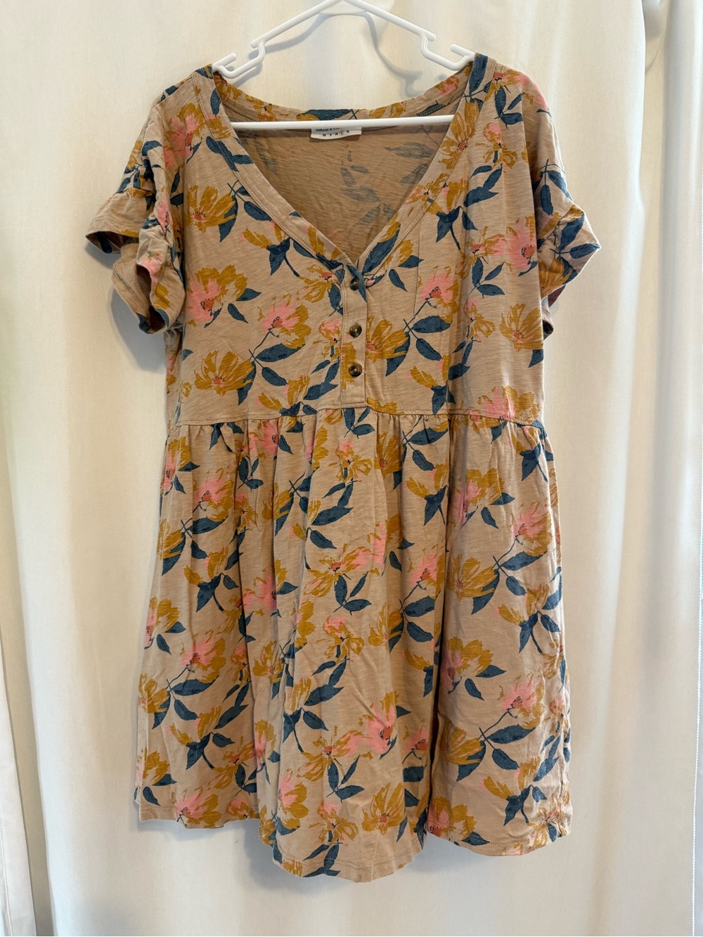 Floral V-Neck Mini Dress in Beige with Pink & Blue Print